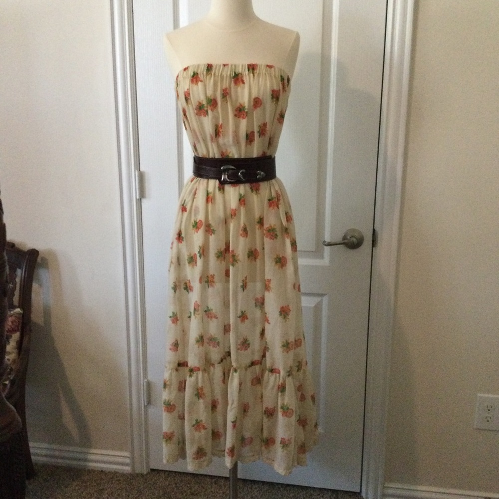 Vintage 1970s Boho Maxi Skirt Midi Dress Floral Gauze Crochet Lace Sz M/L